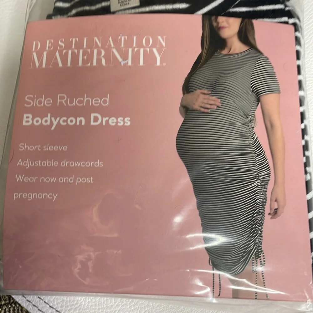 Side Ruched Destination Maternity Bodycon Black and White Striped Dress NWT - Picture 1 of 6